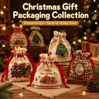 Pochette cadeau de Noël en toile avec cordon de serrage, imprimée Père Noël et sapin, sac de rangement pour bonbons, pour décoration de fête de fin d'année