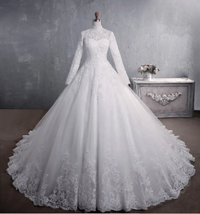 2022 nouveau col debout dentelle robes de mariée blanc mode <span class=keywords><strong>grande</strong></span> queue robes femmes dame élégant mariage robe de mariée musulmane - Product Image 1