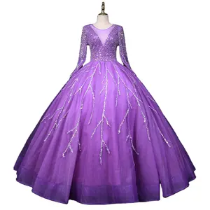 公主长袖舞会礼服正式晚礼服紫色女孩15年红色成人礼礼服