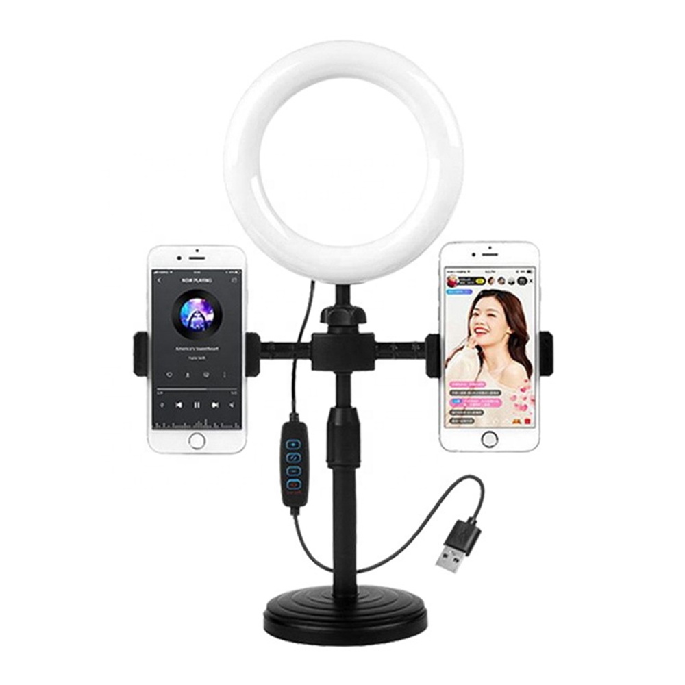 6 polegadas Mini Anel de Luz com Clip Clamp Mount Dual Mobile Phone Live Broadcast Stand Desktop Phone Holder