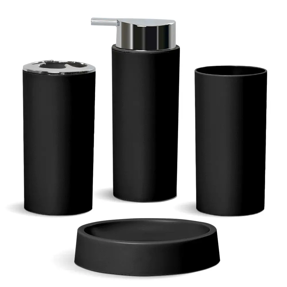 Factory Direct Sale Bathroom Accessories Set 4 Pieces Black Toothbrush Holder With Cup Soap Dish Soap Dispenser