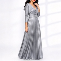 Robe longue plissée élégante à col en V et manches longues pour femme, effet 3D scintillant, robe de soirée avec ceinture, Sehe Fashion