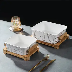 Высококачественные керамические квадратные миски для смешивания фруктов, роскошная керамическая Салатница из белого мрамора с деревянной подставкой