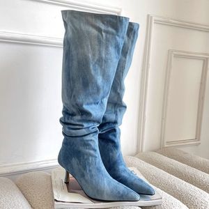 Bottes mi-mollet européennes et américaines en PU pour femme, collection Hiver 2026, talon fin 8 cm, fermeture éclair, semelle intérieure fourrée, chaudes et tendance, pour un look élégant - Product Image 1