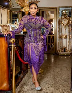 Thời Trang Trong Suốt Fringe Dài Tay Áo Đàn Hồi Phụ Nữ Dresses Rhinestone Hộp Đêm Đảng Mang Tua Biểu Diễn Khiêu Vũ Trang Phục