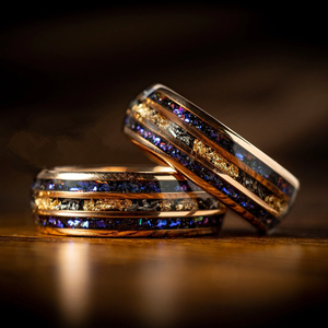 Ouyuanジュエリー金メッキ高級メンズリングインレイ金箔とブルーオパールタングステンカーバイドリング男性と女性の結婚指輪 - Product Image 2
