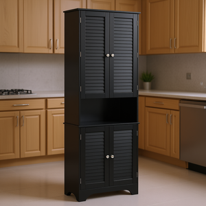 Meuble de rangement haut noir sur pied en lin avec portes et étagère pour salle de bain et cuisine - Product Image 2