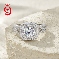 Bague élégante en moissanite, argent sterling S925, double halo avec sangle pavée fendue, couleur D VVS, empilable, pour couple