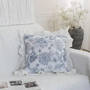 European style countryside lotus leaf edge bedroom sofa cushion pure cotton embroidered flower pillow cover cushion cover
