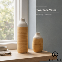 LEXI Nouveau Vase de Table en Porcelaine Durable, Design Vintage Moderne Exquis, Motif Grain de Bois Naturel Artistique, Fabriqué au Guangdong, Finition Sur-Glaçurée