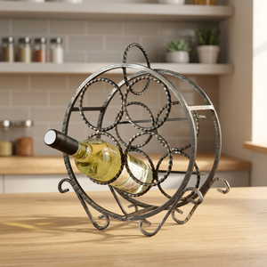 Porte-bouteilles rond sur pied avec design en cercle torsadé, finition or antique, support de rangement multi-bouteilles - Product Image 4