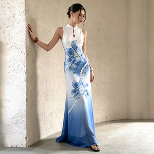 Vestido Cheongsam Vintage Neo-Chino para Mujer – Qipao Transparente de Malla con Estampado de Lirios en Degradado Azul Glaciar - Product Image 5
