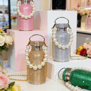 Bouteille isotherme portable en acier inoxydable 304 avec strass en cristal et poignée, idéale pour les voyages en extérieur et la rentrée scolaire - Product Image 5