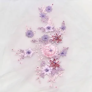 3D flower beading hot fix diamond embroidery lace trim peony flower pattern