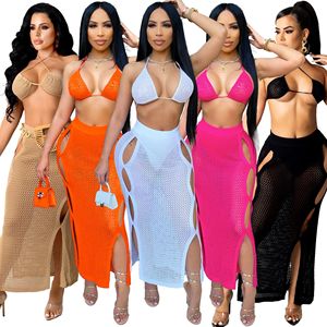 Conjunto de Playa de Verano para Mujer, Tejido de Ganchillo, Dos Piezas, Traje de Baño con Top de Vendaje y Falda Larga Calada - Product Image 1