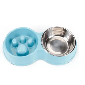 New Arrival Natural Straw Plastic Double Paw Shaped Dog Slow Feed Bowl Stainless for pets eating and drinking