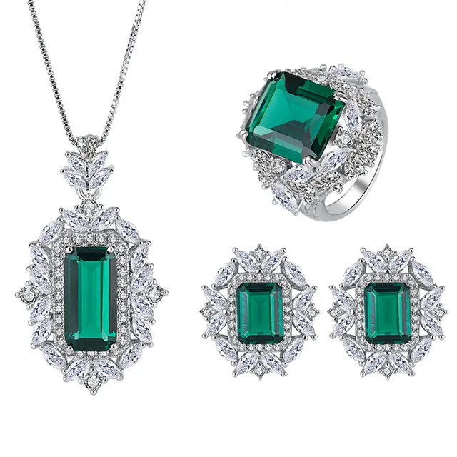 Hot Sale Evening Dress Wedding Green Stone Jewelry 925 Silver Rhodium Plated Emerald Green Jewelry Sets