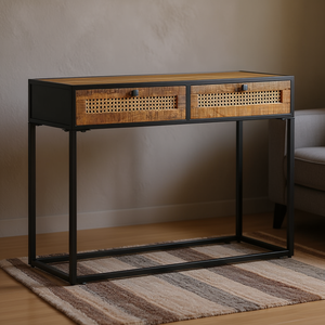 Table console en bois de manguier brut et en canne naturelle 39,4"x13,8"x29,5" - Product Image 2