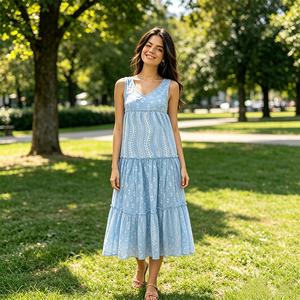 Abito Midi Estivo Casual da Donna Personalizzato, Azzurro, Senza Maniche, Scollo a V, con Balze e Ricami in <span class=keywords><strong>Cotone</strong></span> - Product Image 1