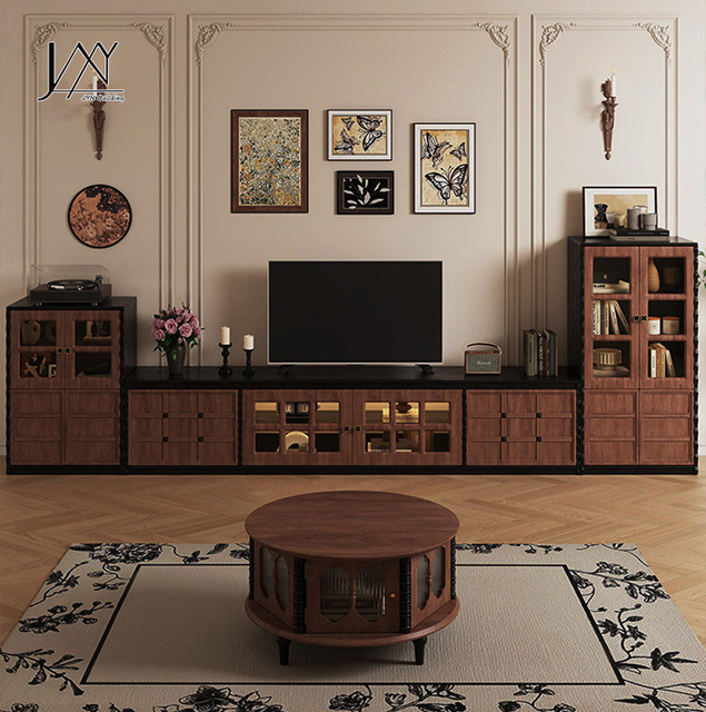 Traditional Style TV Stand Media Unit with Glass Doors, Retro Brown Wood Living Room Furniture Combo