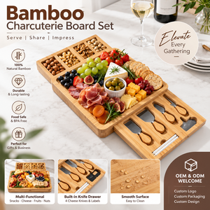 Ensemble de planches <span class=keywords><strong>à</strong></span> fromage rectangulaires en bambou écologiques et durables avec 2 tiroirs coulissants pour <span class=keywords><strong>couverts</strong></span> et ustensiles - Product Image 1