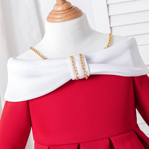 ชุดเดรสเด็ก สีแดง แขนยาว เปิดไหล่ ความยาวระดับเข่า ชุดเดรสสำหรับงานปาร์ตี้ หมวกผูกโบว์ แขนยาว กระโปรงเด็กผู้หญิงทรงเจ้าหญิงจับจีบ - Product Image 3