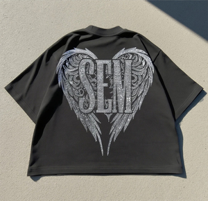 เสื้อเชิ้ตผู้ชายผ้าฝ้ายบ็อกซี่100% แบบสั่งทำเสื้อยืดพิมพ์ลายโอเวอร์ไซส์ทรงหลวมลายกราฟิกพลอยเทียมน้ำหนักมาก - Product Image 2