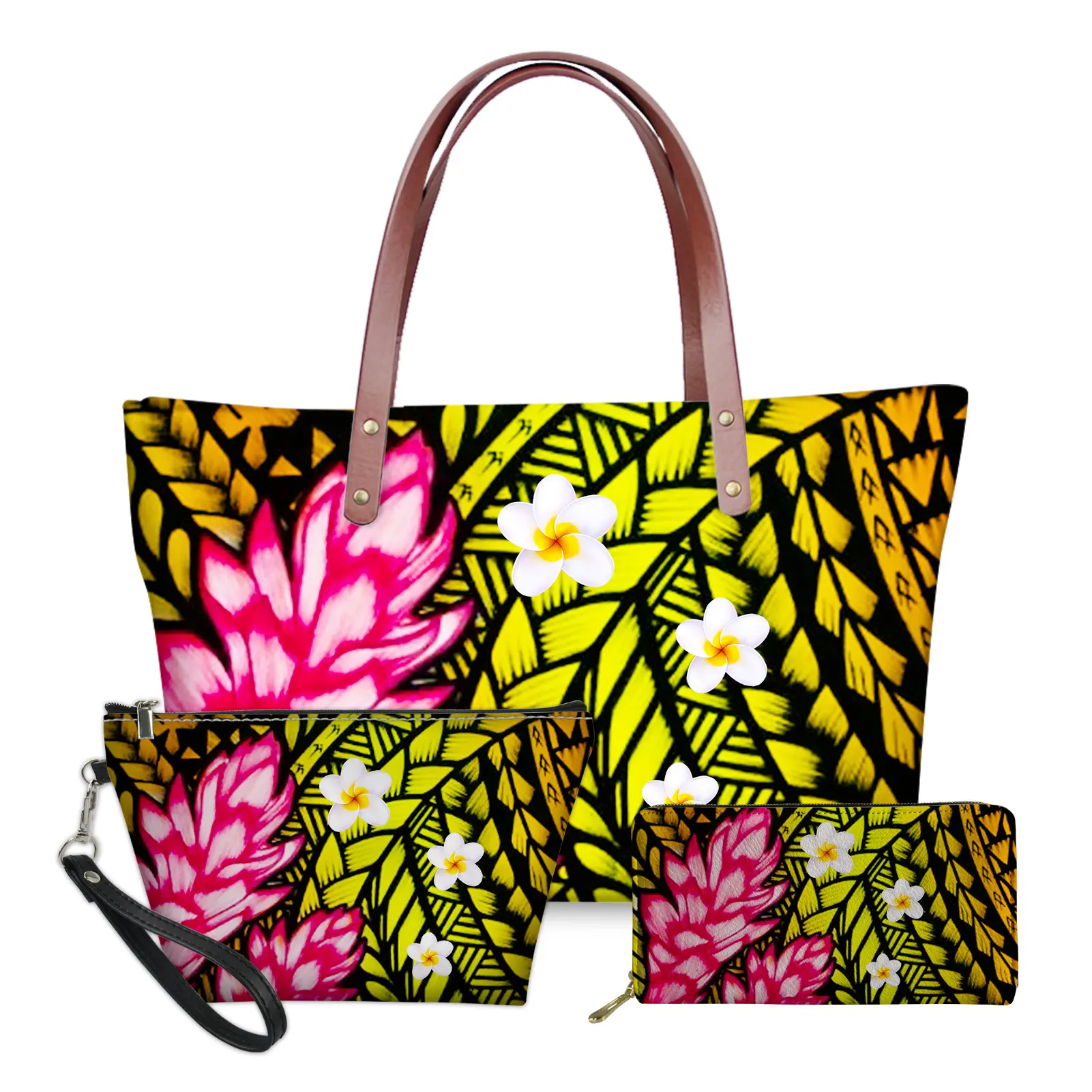 Stampa personalizzata Borse Delle Donne 3pcs Set Polinesiana Hawaiian Style Set di Borsa A Mano di Alta Qualità di Modo Delle Signore di Grandi Dimensioni di Mano Delle Donne borse