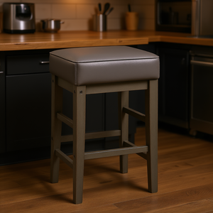 Sgabello da Pranzo con Struttura in Legno Massello, Altezza 24 Pollici, Seduta in Ecopelle Grigia Anticata, Stile Transizionale - Product Image 2