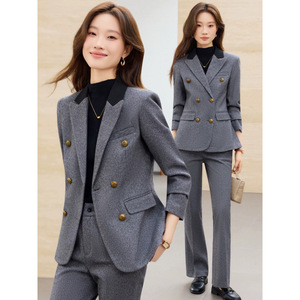 Women's Grey Wool Suit Set Double-Breasted Slim Fit Business Casual Workwear Office Lady Full Sleeve Anti-Wrinkle - Product Image 1