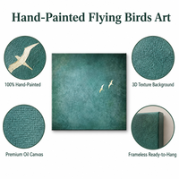 Toile carrée faite à la main avec motif de grue, verte, minimaliste, non encadrée, enroulée sur châssis, vente en gros de peintures et d'œuvres d'art murales, style Wabi Sabi pour la décoration intérieure