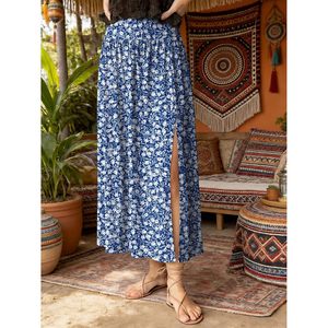 FOXA Women's Maxi <b>Skirt</b> A-Line <b>Elastic</b> Waist Floral Print Long Casual Side Slit Beach Vacation Summer <b>Skirt</b> - Product Image 2