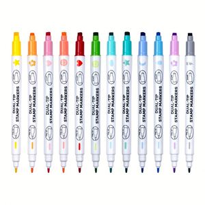 Ensemble de marqueurs de peinture à l'encre à base d'eau à double extrémité aux couleurs magiques longue durée, formes courbes, aspect kawaii, tampons MK0026 - Product Image 3