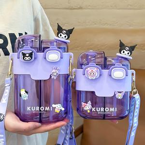 Botella de agua Zuo Mu Sanrio Kuromi de gran capacidad con doble pajita, taza para estudiantes libre de BPA, regalo de regreso a clases para niños. - Product Image 1