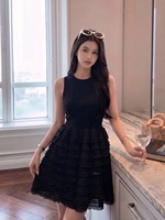 Robe Courte Femme en Maille Plissée sans Manches à Volants Superposés en Dentelle Élégante, Coupe Évasée, Personnalisable par l'Usine AIMEISI
