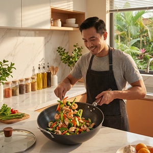 <span class=keywords><strong>Wok</strong></span> de Hierro Fundido de Alta Pureza con Tapa de Vidrio Templado, Mango de Madera Anti-Quemaduras, Compatible con Estufas de Inducción, Negro, 8-12L - Product Image 5