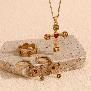 Vintage Color Crystal Cross Retro Rose Stainless Steel Jewelry Set 18K Gold Plated Matching <b>Necklace</b> Earrings <b>Ring</b> For Women - Product Image 5
