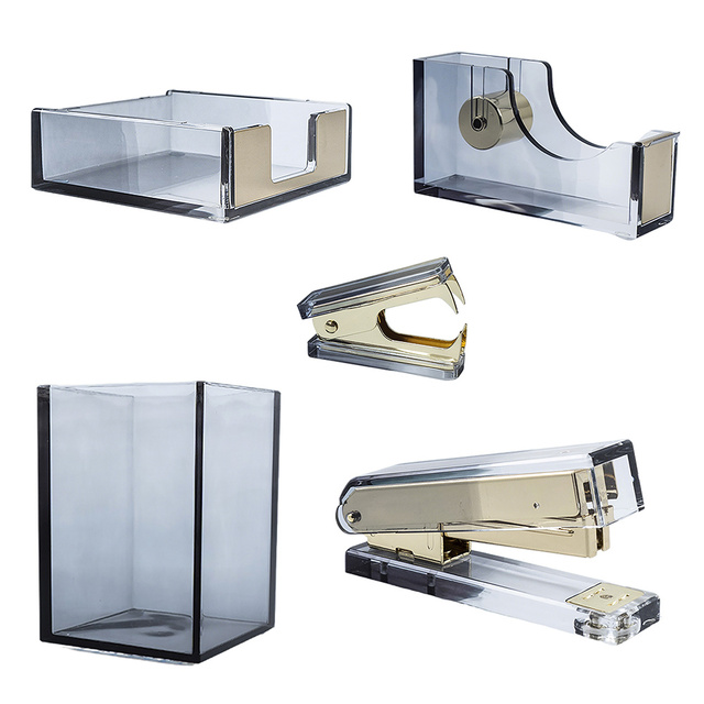 JSM OEM Luxury Clear Acrylic 5-in-1 Gold Metal Desktop Stationery Set Desk Organizer for Office Corporate Gift