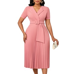Short Sleeved V-neck Fashionable <strong>Temperament</strong> Elegant Pleated Plus Size High Waist African Dress for Women - Product Image 5