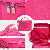 Pochette cosmétique rose brillante personnalisée avec logo en relief, double fermeture éclair, étui à maquillage portable, organiseur de beauté de voyage