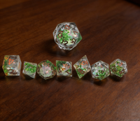Ensemble de dés en résine faits à la main, dés polyédriques à paillettes vertes pour les jeux de rôle Dungeons and Dragons, jeu de table, cadeau