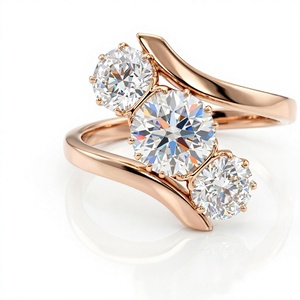 Women's Three <b>Stone</b> 18K 14K Gold Plated Round Brilliant Cut Lab Grown Diamond Engagement Ring Bypass Curved Band Fine Jewelry - Product Image 1