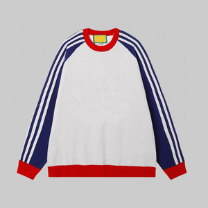 Block Crew Neck Knit Gu Cci <b>Sweater</b> Three White Striped Raglan Sleeve Contrast Trim <b>Vintage</b> Casual Knitted Pullover - Product Image 1