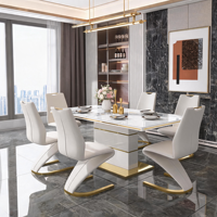 Ensemble de salle à manger moderne de luxe, table en marbre blanc en pierre frittée avec 6 chaises en acier inoxydable doré en forme de Z pour projet