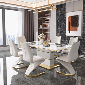Set da Pranzo Moderno di Lusso con Tavolo <span class=keywords><strong>in</strong></span> Pietra Sinterizzata Bianca Effetto <span class=keywords><strong>Marmo</strong></span> e 6 Sedie a Z <span class=keywords><strong>in</strong></span> Acciaio Inox Dorato per Progetti - Product Image 1