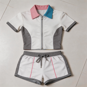 Conjunto de Dos Piezas de Moda para Mujer 2026: Chaqueta con Cierre y Bloques de Color y Pantalones Cortos a Juego, con Logotipo Personalizado en Pedrería, OEM ODM - Product Image 2