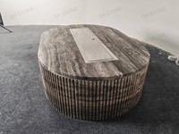 SH STONE Moderne Argent Gris Travertin Cheminée Extérieure Chauffe-Patio Propane Couvercle De Réservoir Naturel Ovale Cannelé Gaz Foyer Table