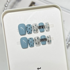 <span class=keywords><strong>Uñas</strong></span> Postizas Acrílicas <span class=keywords><strong>Cortas</strong></span> Azules Brillantes de Alta Calidad Hechas a Mano al por Mayor - Product Image 3