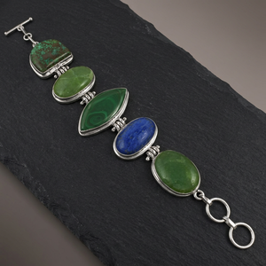 Art Palace Vintage <b>Cuff</b> <b>Bracelet</b> with Natural Green and Blue Stones 925 <b>Silver</b> Alloy Geometric Trendy Unisex Jewelry Gift - Product Image 1