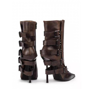 Big Size 46 Women's Back Metal Buckles Short Boots Slim High-Heeled <b>Pointed</b> Toe Ankle Booties Straight Upper Side Zipper Shoes - Product Image 4